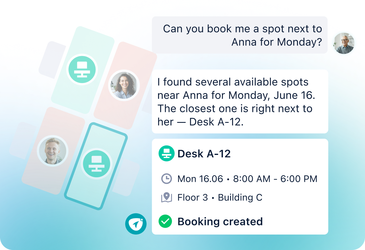 AI Assistant locates available desks near a selected teammate and books one